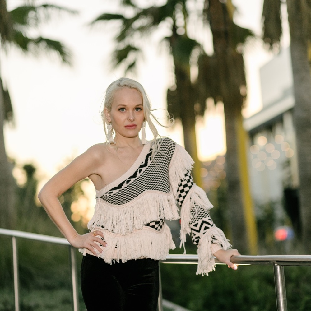 House of Harlow 1960 One-Shoulder Sweater in Cream and Black